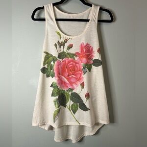 Forever 21 Cream Racerback Tank Top with Coral Pink Rose Print